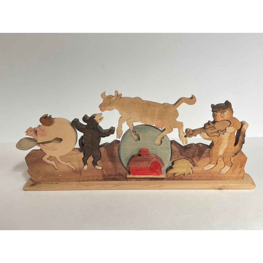 Stotich Vintage 1995 Wooden Hey Diddle Diddle Puzzle Sculpture Folk Art Signed